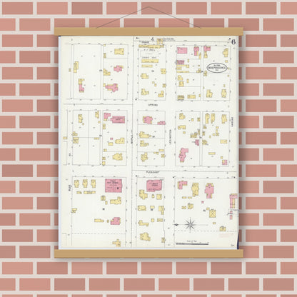 Old map wall art mockup — magnetic wood frame on brick wall — Sanborn Fire Insurance Map from Independence, Jackson County, Missouri (1898), Sheet #0006