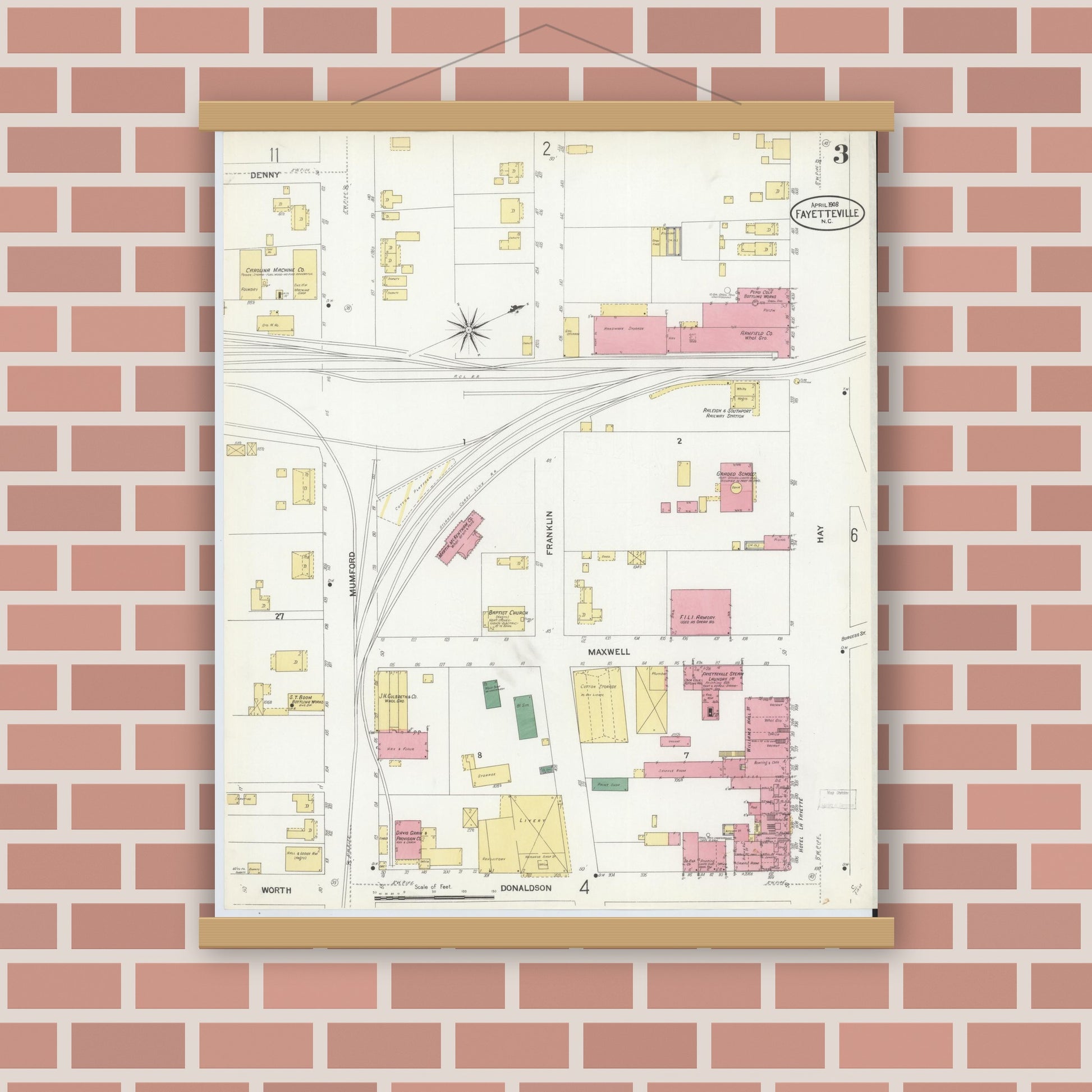 Old map wall art mockup — magnetic wood frame on brick wall — Sanborn Fire Insurance Map from Fayetteville, Cumberland County, North Carolina (1908), Sheet #0003