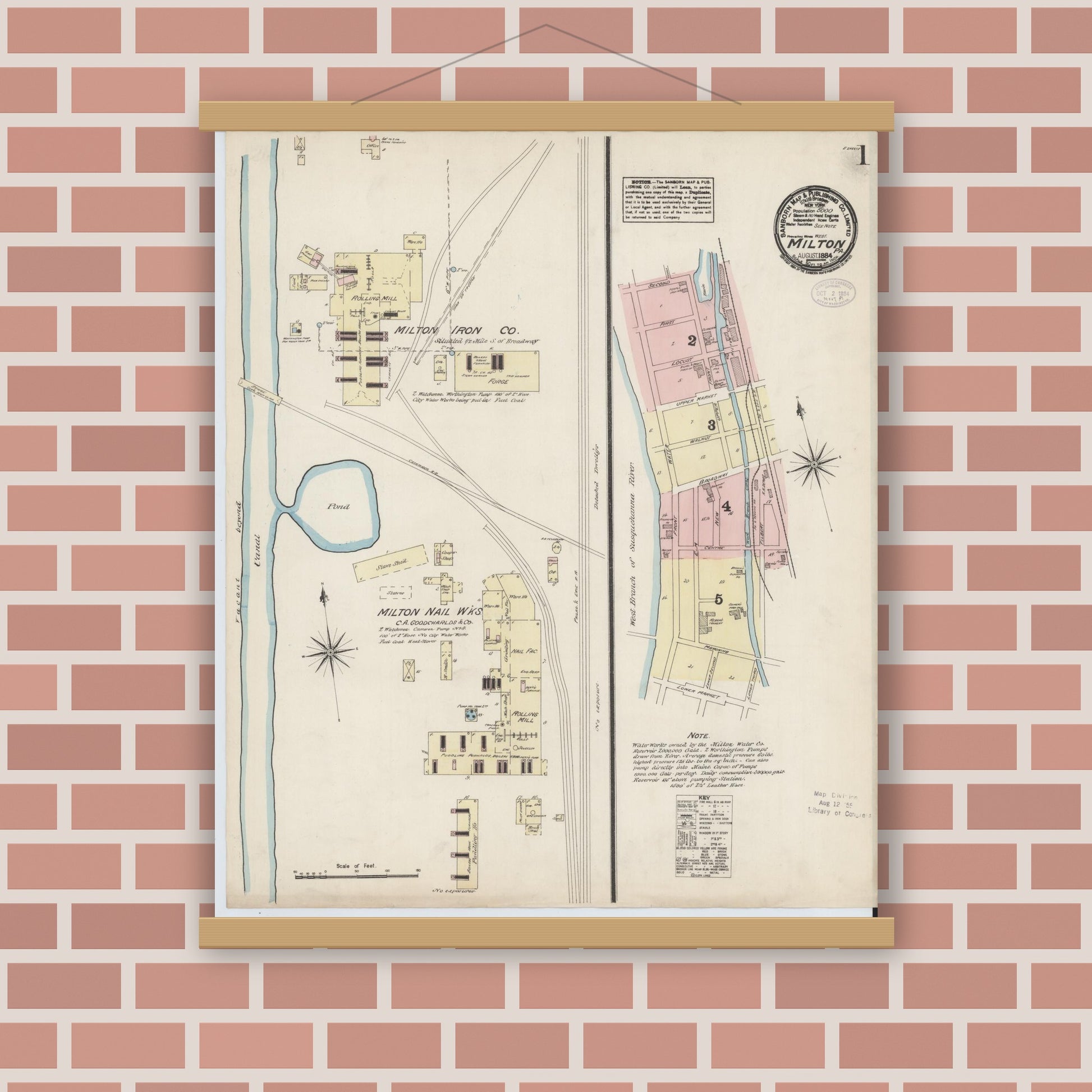 Old map wall art mockup — magnetic wood frame on brick wall — Sanborn Fire Insurance Map from Milton, Northumberland County, Pennsylvania (1884), Sheet #0001