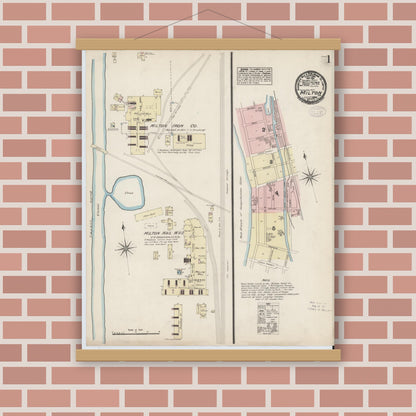 Old map wall art mockup — magnetic wood frame on brick wall — Sanborn Fire Insurance Map from Milton, Northumberland County, Pennsylvania (1884), Sheet #0001