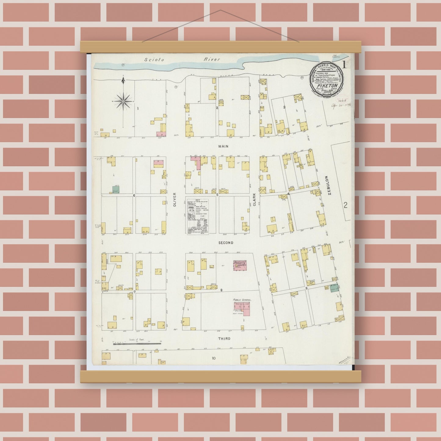 Old map wall art mockup — magnetic wood frame on brick wall — Sanborn Fire Insurance Map from Piketon, Pike County, Ohio (1896), Sheet #0001