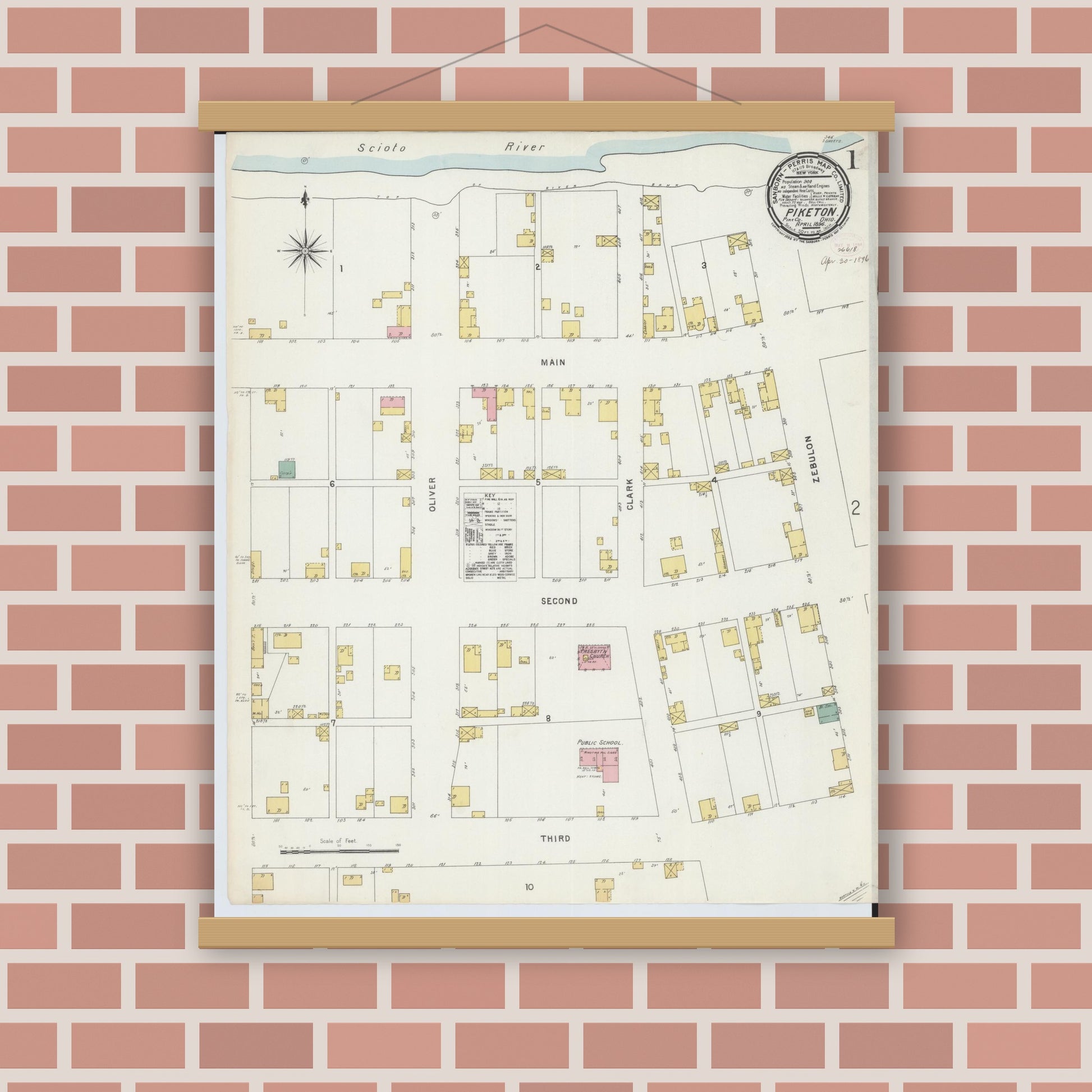 Old map wall art mockup — magnetic wood frame on brick wall — Sanborn Fire Insurance Map from Piketon, Pike County, Ohio (1896), Sheet #0001