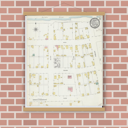 Old map wall art mockup — magnetic wood frame on brick wall — Sanborn Fire Insurance Map from Piketon, Pike County, Ohio (1896), Sheet #0001