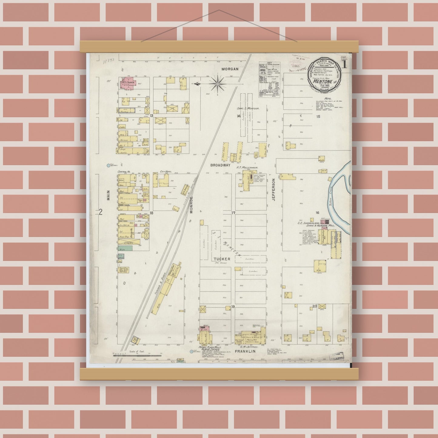 Old map wall art mockup — magnetic wood frame on brick wall — Sanborn Fire Insurance Map from Mentone, Kosciusko County, Indiana (1896) - Complete Map Set