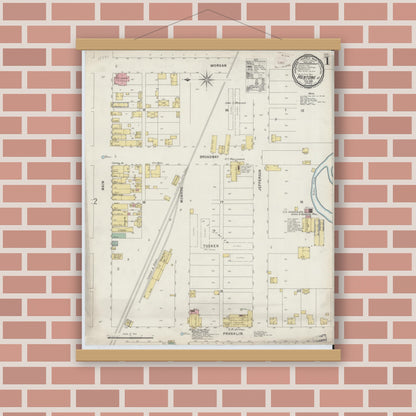 Old map wall art mockup — magnetic wood frame on brick wall — Sanborn Fire Insurance Map from Mentone, Kosciusko County, Indiana (1896) - Complete Map Set
