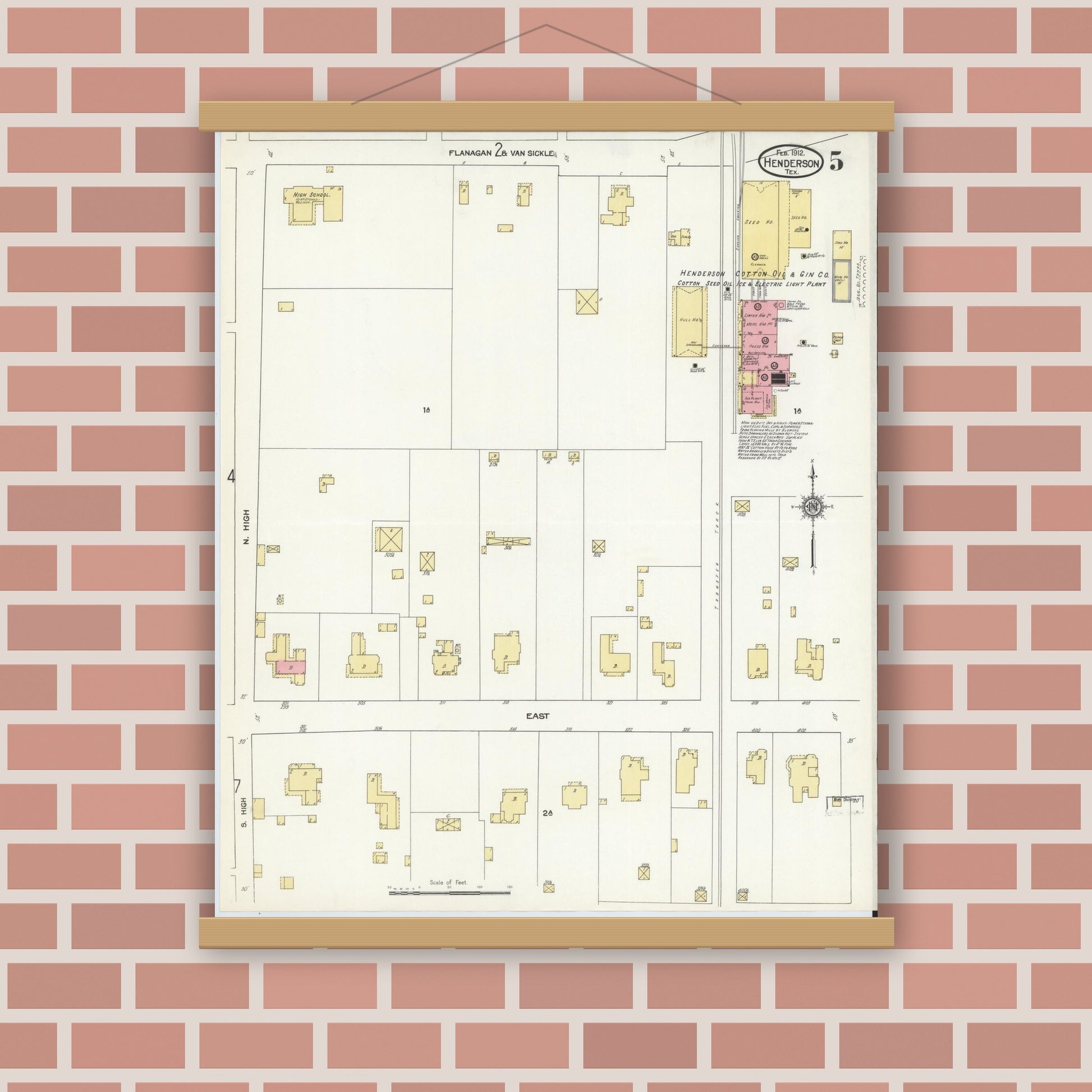 Old map wall art mockup — magnetic wood frame on brick wall — Sanborn Fire Insurance Map from Henderson, Rusk County, Texas (1912), Sheet #0005