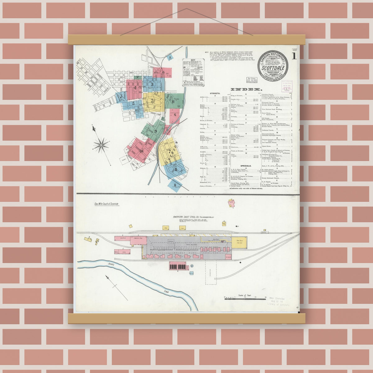 Old map wall art mockup — magnetic wood frame on brick wall — Sanborn Fire Insurance Map from Scottdale, Westmoreland County, Pennsylvania (1903) - Complete Map Set