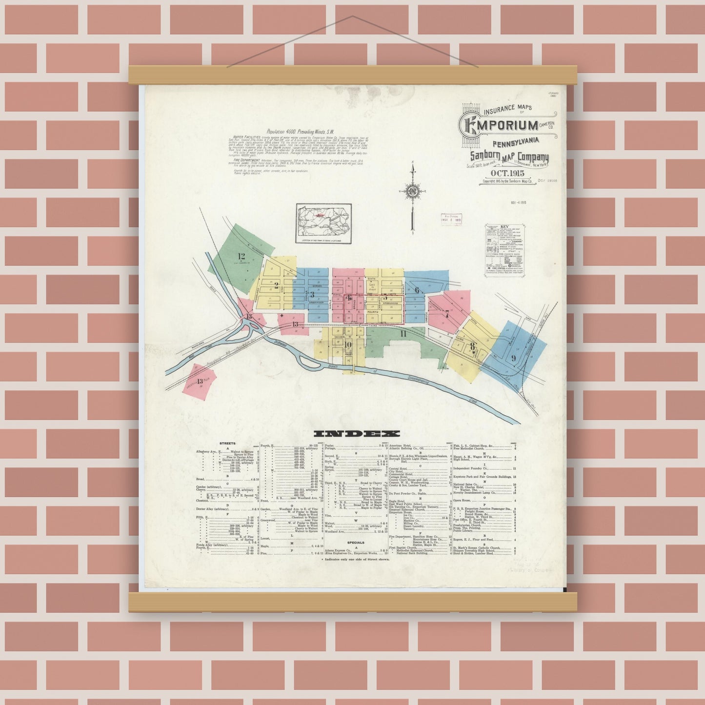 Old map wall art mockup — magnetic wood frame on brick wall — Sanborn Fire Insurance Map from Emporium, Cameron County, Pennsylvania (1915) - Complete Map Set