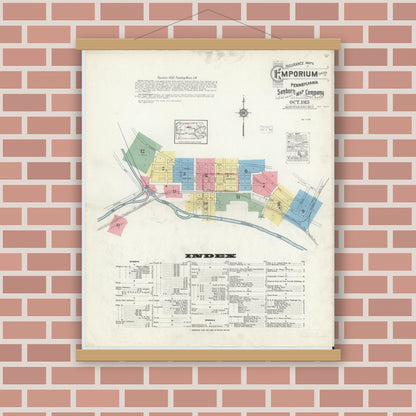 Old map wall art mockup — magnetic wood frame on brick wall — Sanborn Fire Insurance Map from Emporium, Cameron County, Pennsylvania (1915) - Complete Map Set
