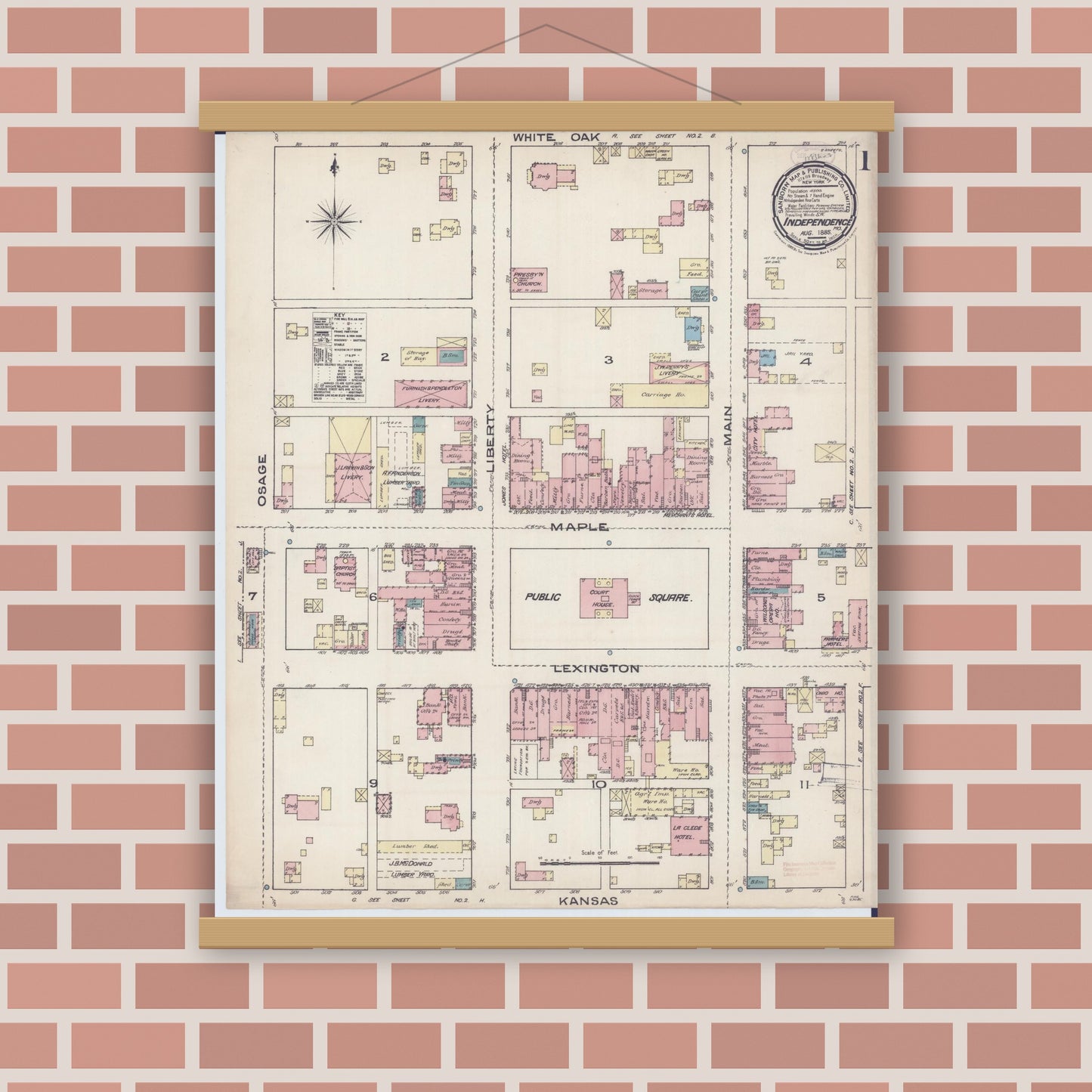 Old map wall art mockup — magnetic wood frame on brick wall — Sanborn Fire Insurance Map from Independence, Jackson County, Missouri (1885) - Complete Map Set