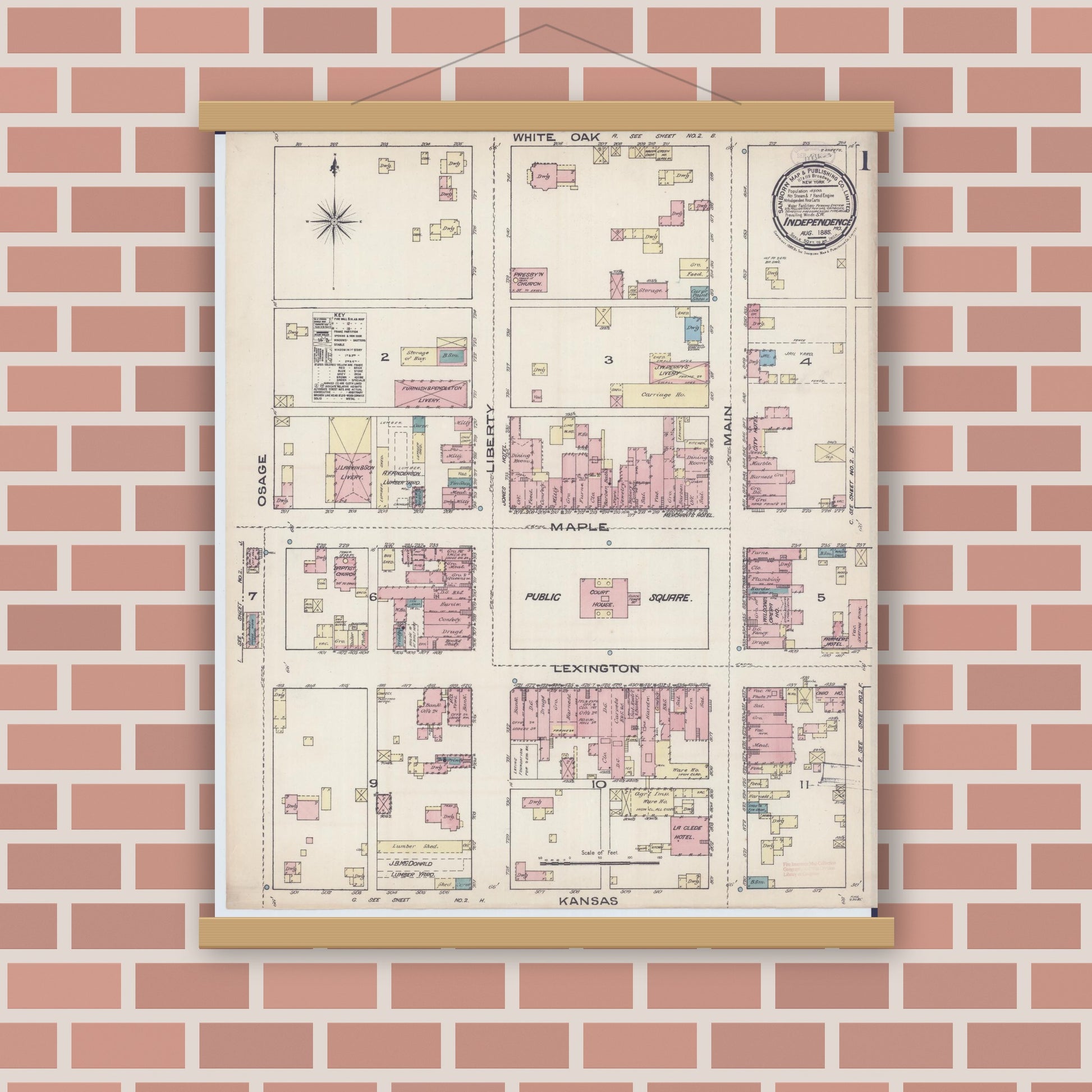 Old map wall art mockup — magnetic wood frame on brick wall — Sanborn Fire Insurance Map from Independence, Jackson County, Missouri (1885) - Complete Map Set