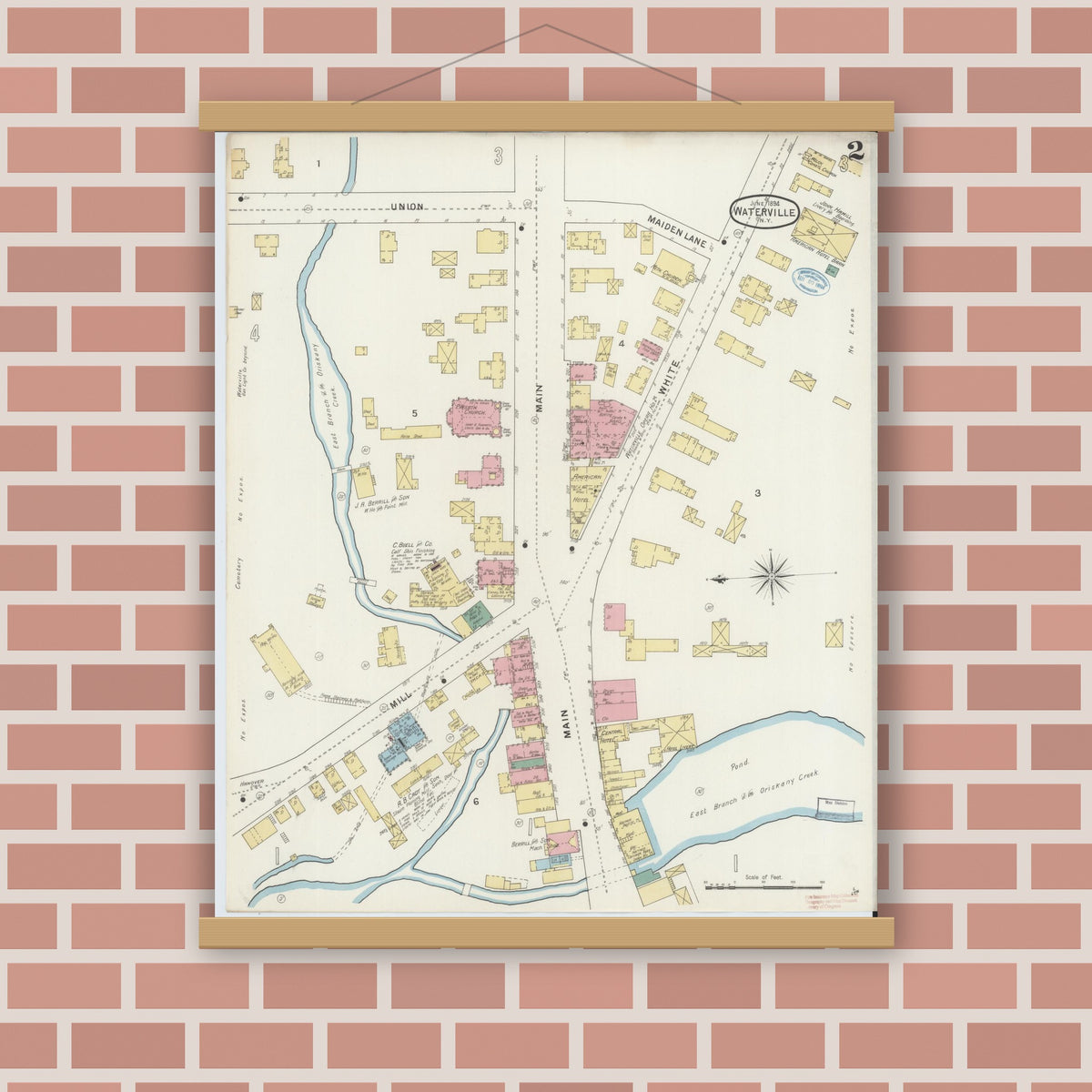 Old map wall art mockup — magnetic wood frame on brick wall — Sanborn Fire Insurance Map from Waterville, Oneida County, New York (1894), Sheet #0002