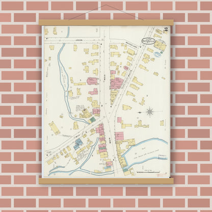 Old map wall art mockup — magnetic wood frame on brick wall — Sanborn Fire Insurance Map from Waterville, Oneida County, New York (1894), Sheet #0002