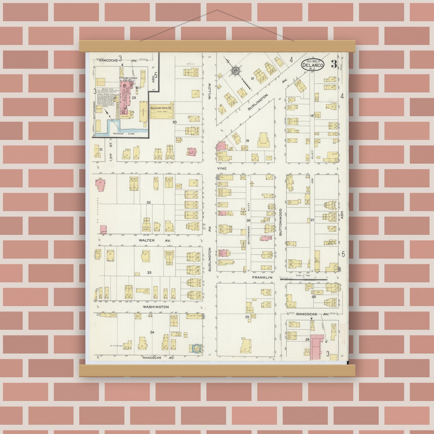 Old map wall art mockup — magnetic wood frame on brick wall — Sanborn Fire Insurance Map from Delanco, Burlington County, New Jersey (1915), Sheet #0003