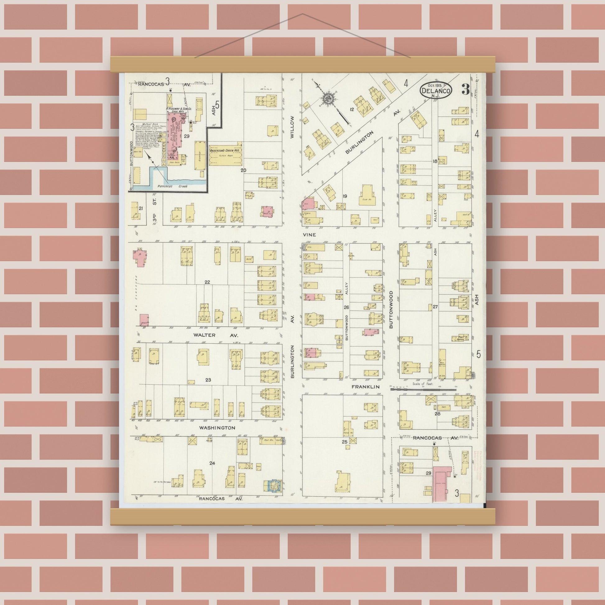 Old map wall art mockup — magnetic wood frame on brick wall — Sanborn Fire Insurance Map from Delanco, Burlington County, New Jersey (1915), Sheet #0003