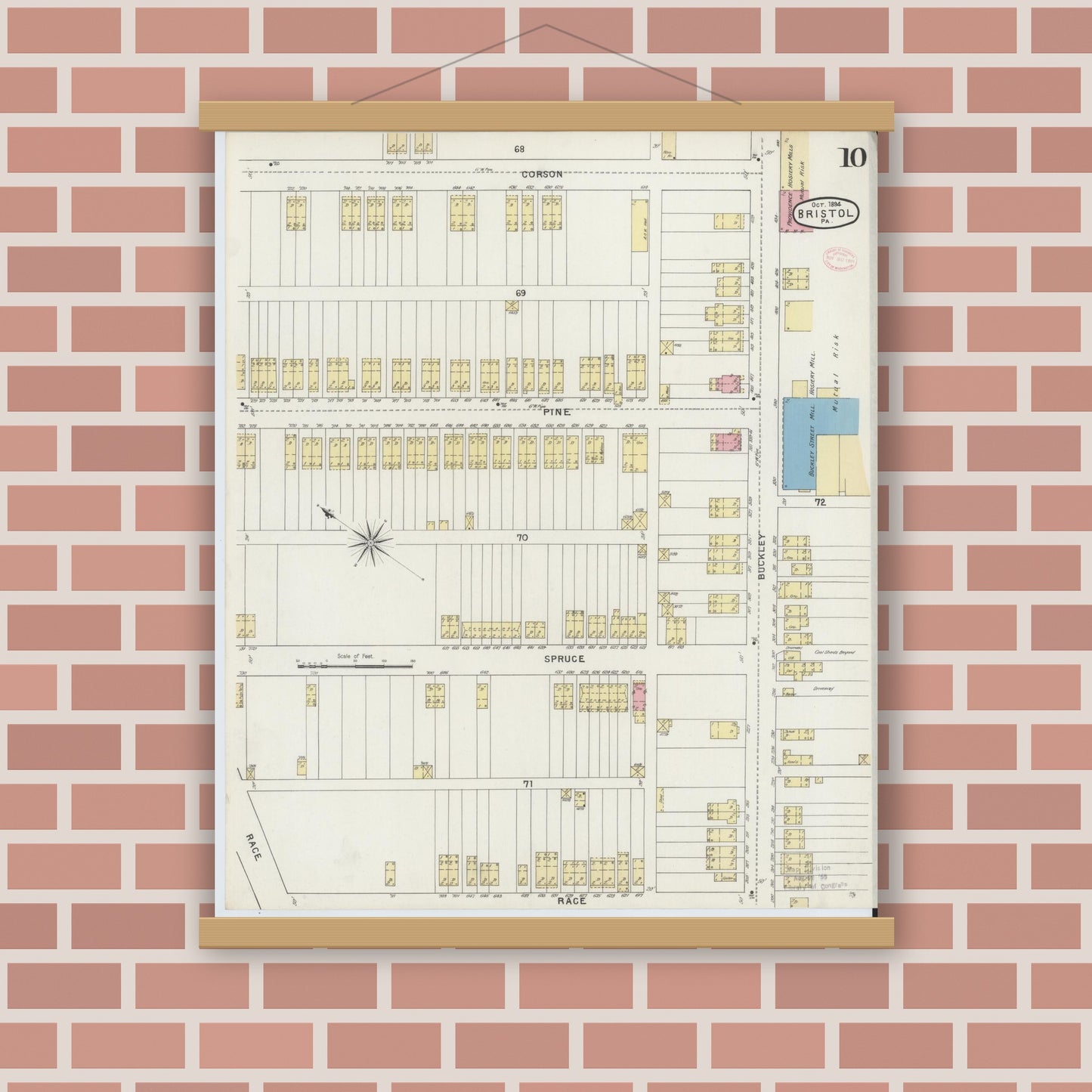 Old map wall art mockup — magnetic wood frame on brick wall — Sanborn Fire Insurance Map from Bristol, Bucks County, Pennsylvania (1894), Sheet #0010