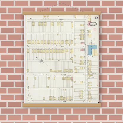 Old map wall art mockup — magnetic wood frame on brick wall — Sanborn Fire Insurance Map from Bristol, Bucks County, Pennsylvania (1894), Sheet #0010