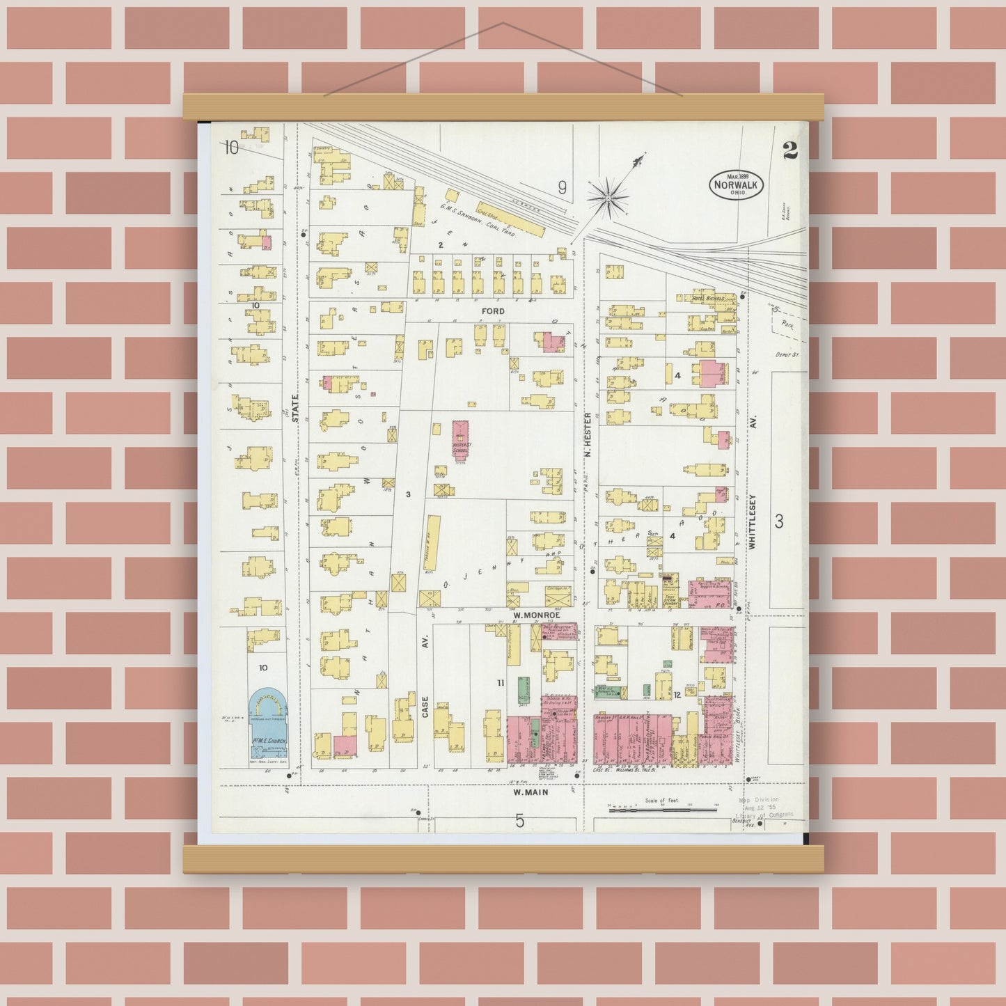 Old map wall art mockup — magnetic wood frame on brick wall — Sanborn Fire Insurance Map from Norwalk, Huron County, Ohio (1899), Sheet #0002