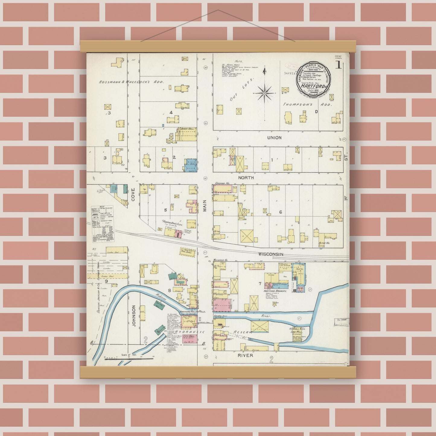 Old map wall art mockup — magnetic wood frame on brick wall — Sanborn Fire Insurance Map from Hartford, Washington County, Wisconsin (1892), Sheet #0001