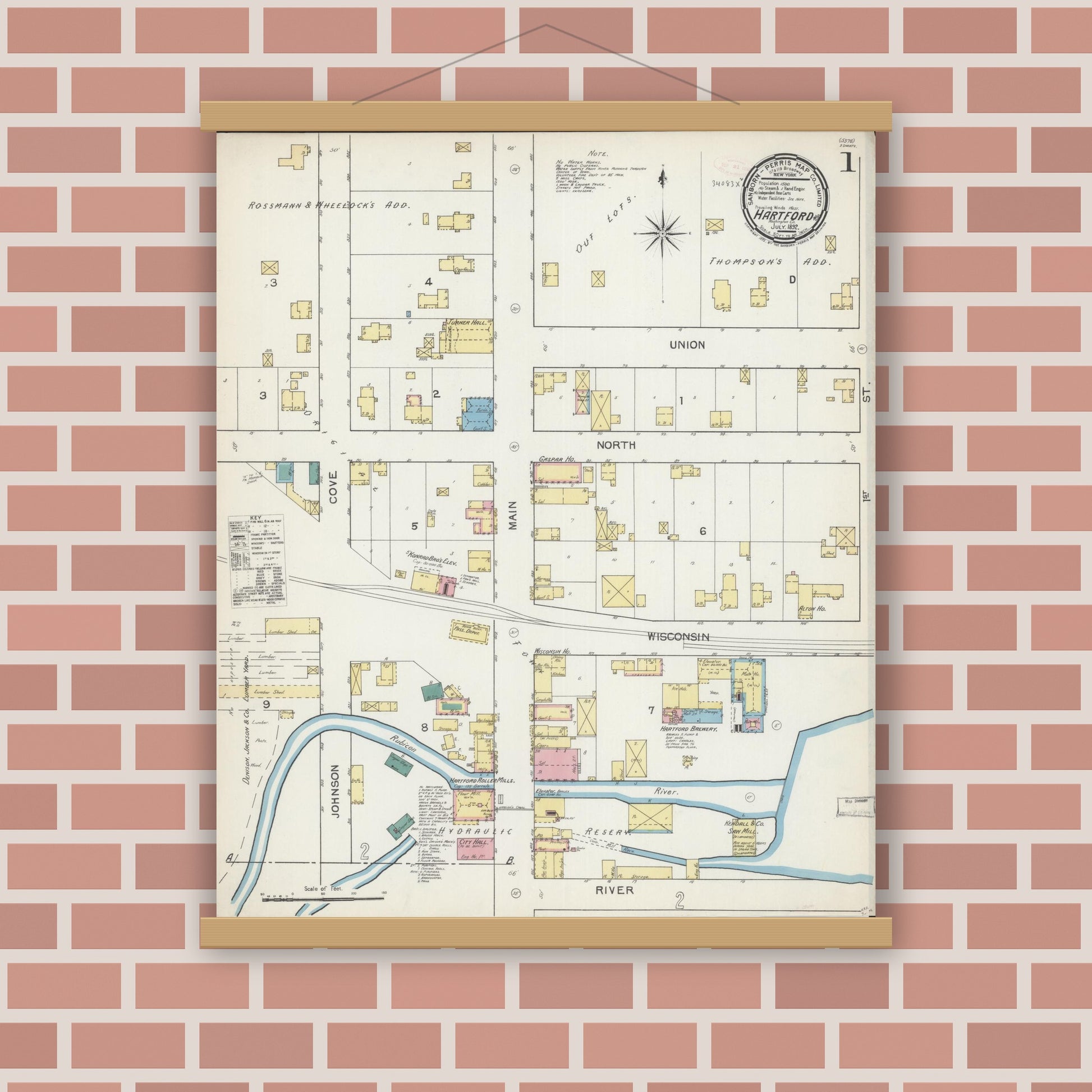 Old map wall art mockup — magnetic wood frame on brick wall — Sanborn Fire Insurance Map from Hartford, Washington County, Wisconsin (1892), Sheet #0001