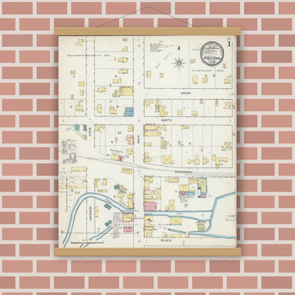 Old map wall art mockup — magnetic wood frame on brick wall — Sanborn Fire Insurance Map from Hartford, Washington County, Wisconsin (1892), Sheet #0001