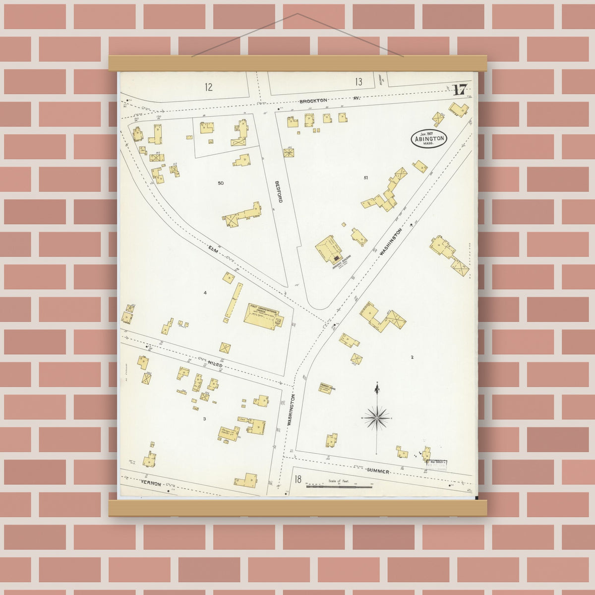 Old map wall art mockup — magnetic wood frame on brick wall — Sanborn Fire Insurance Map from Abington, Plymouth County, Massachusetts (1907), Sheet #0017
