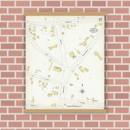 Old map wall art mockup — magnetic wood frame on brick wall — Sanborn Fire Insurance Map from Abington, Plymouth County, Massachusetts (1907), Sheet #0017