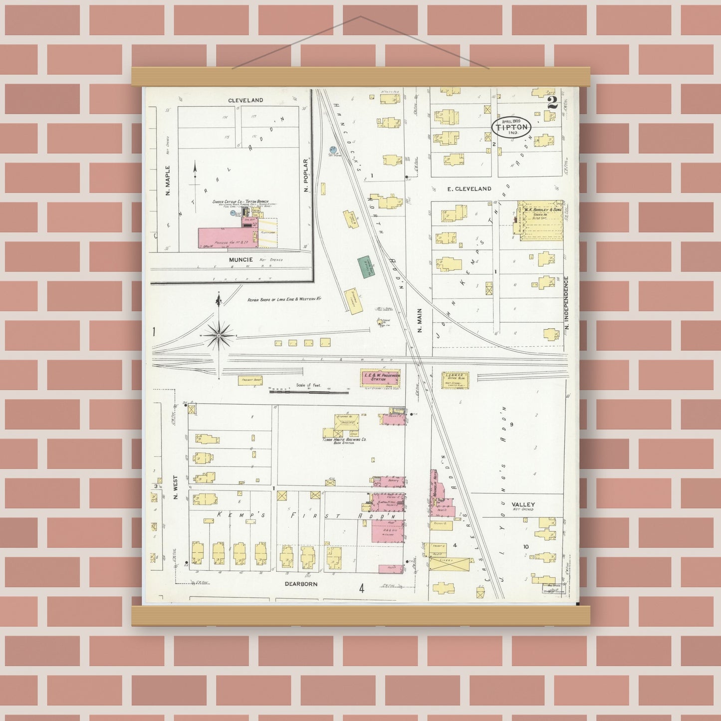 Old map wall art mockup — magnetic wood frame on brick wall — Sanborn Fire Insurance Map from Tipton, Tipton County, Indiana (1909), Sheet #0002