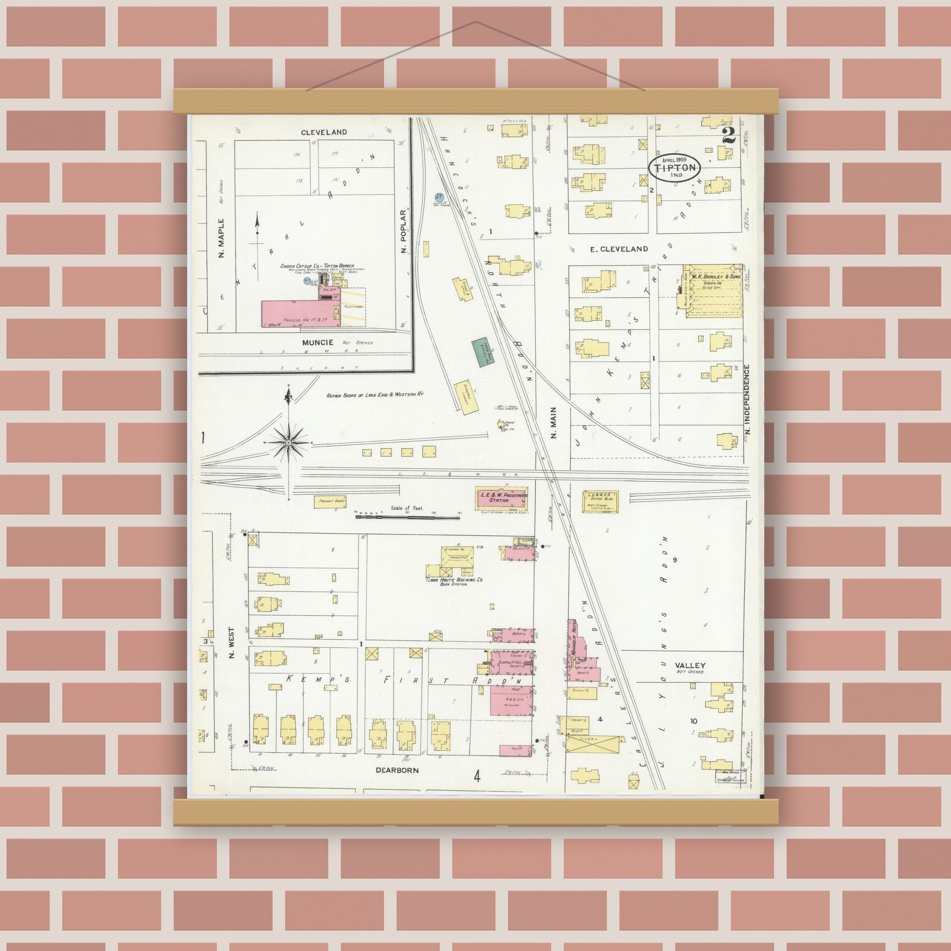 Old map wall art mockup — magnetic wood frame on brick wall — Sanborn Fire Insurance Map from Tipton, Tipton County, Indiana (1909), Sheet #0002