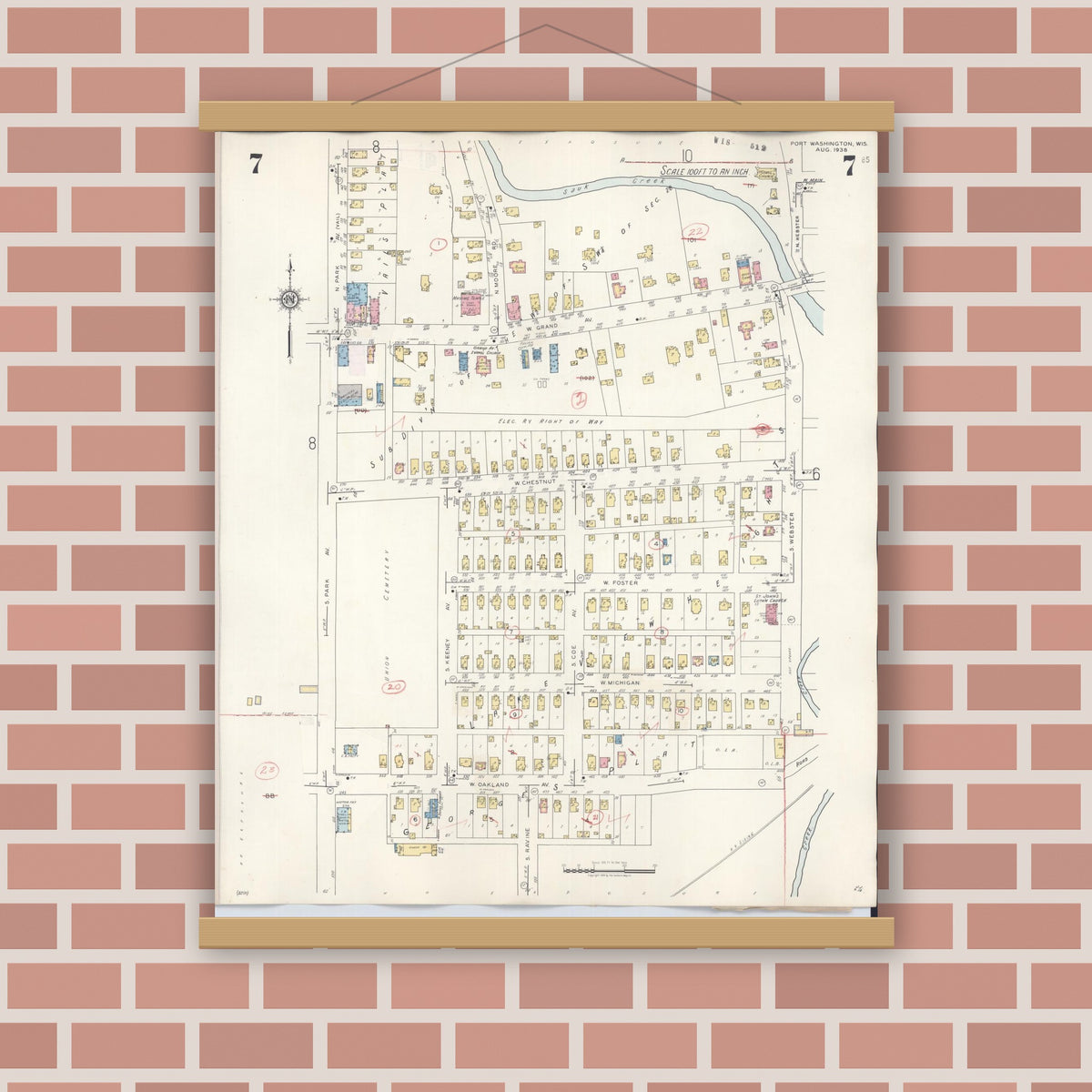 Old map wall art mockup — magnetic wood frame on brick wall — Sanborn Fire Insurance Map from Port Washington, Ozaukee County, Wisconsin (1949), Sheet #0007