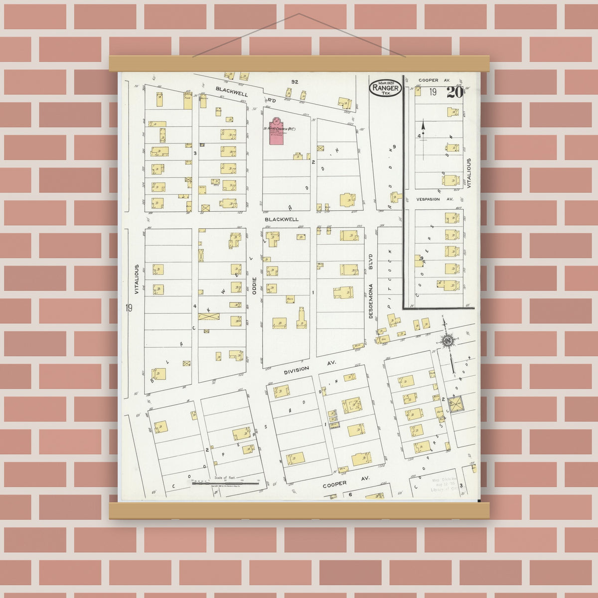 Old map wall art mockup — magnetic wood frame on brick wall — Sanborn Fire Insurance Map from Ranger, Eastland County, Texas (1920), Sheet #0020