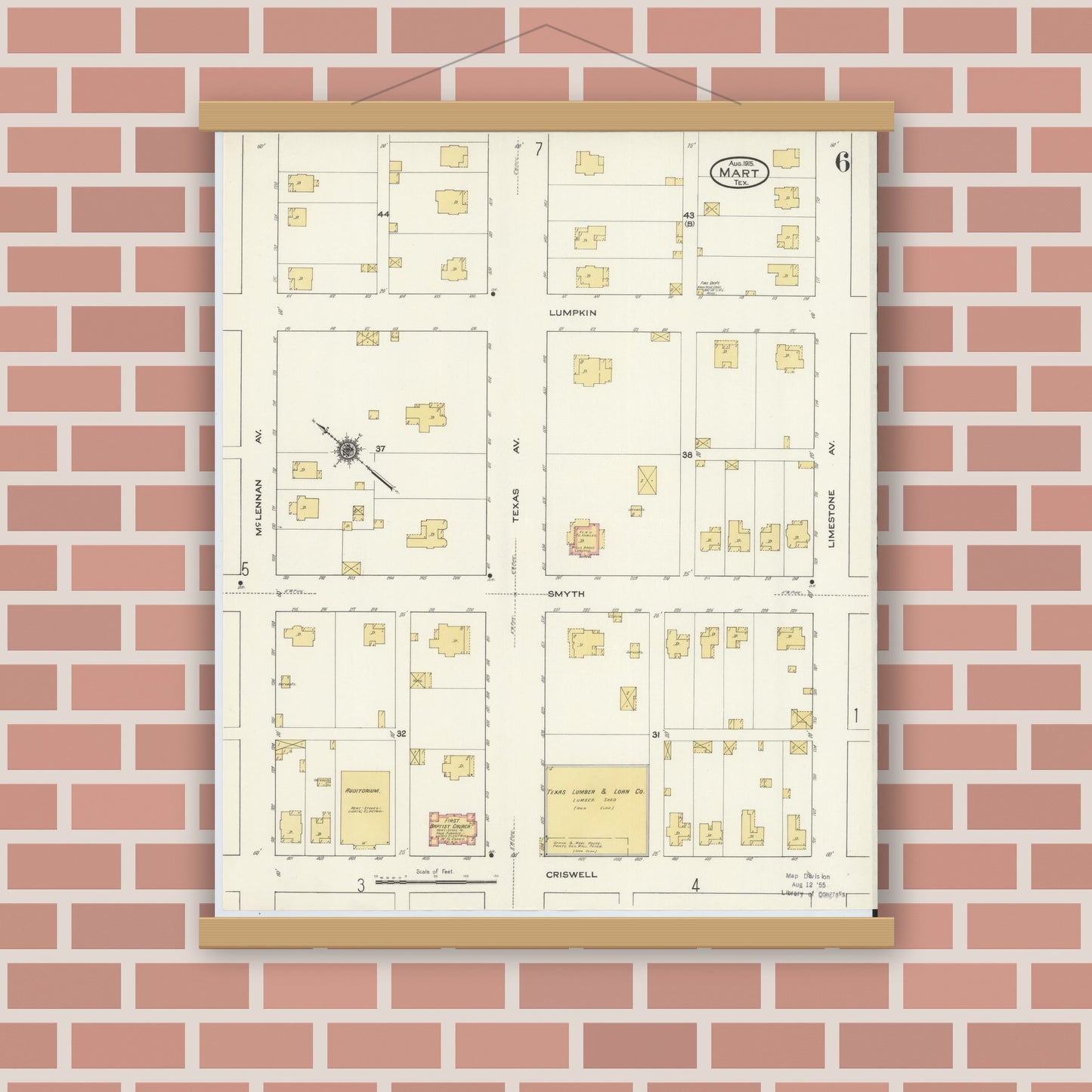Old map wall art mockup — magnetic wood frame on brick wall — Sanborn Fire Insurance Map from Mart, McLennan County, Texas (1915), Sheet #0006