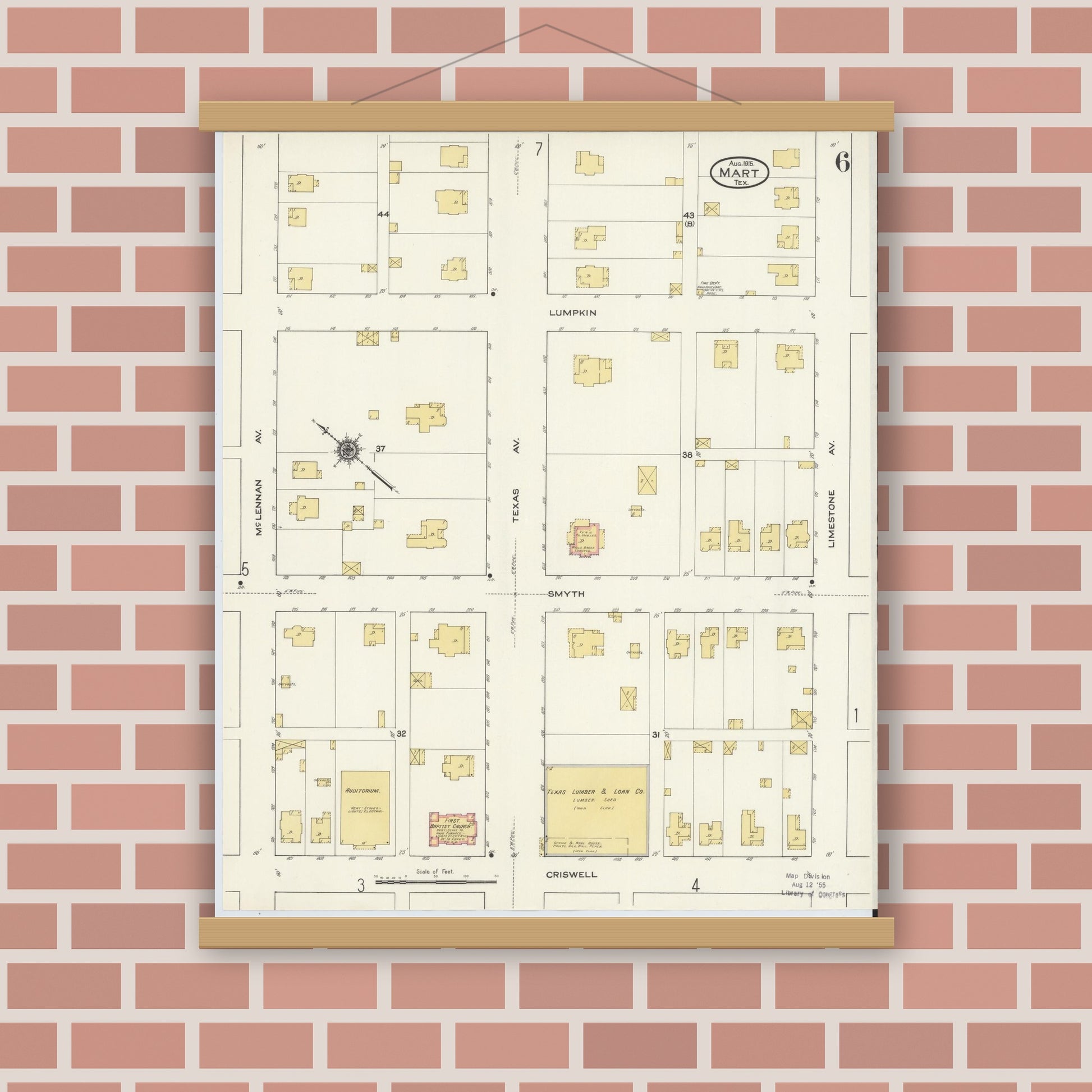 Old map wall art mockup — magnetic wood frame on brick wall — Sanborn Fire Insurance Map from Mart, McLennan County, Texas (1915), Sheet #0006