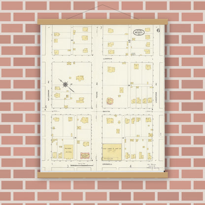 Old map wall art mockup — magnetic wood frame on brick wall — Sanborn Fire Insurance Map from Mart, McLennan County, Texas (1915), Sheet #0006