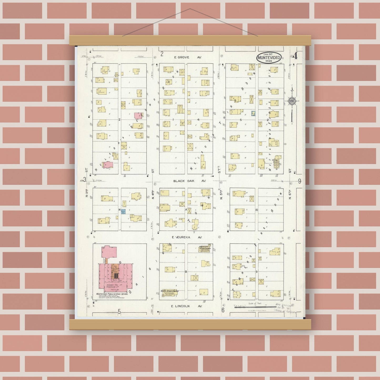 Old map wall art mockup — magnetic wood frame on brick wall — Sanborn Fire Insurance Map from Montevideo, Chippewa County, Minnesota (1917), Sheet #0004
