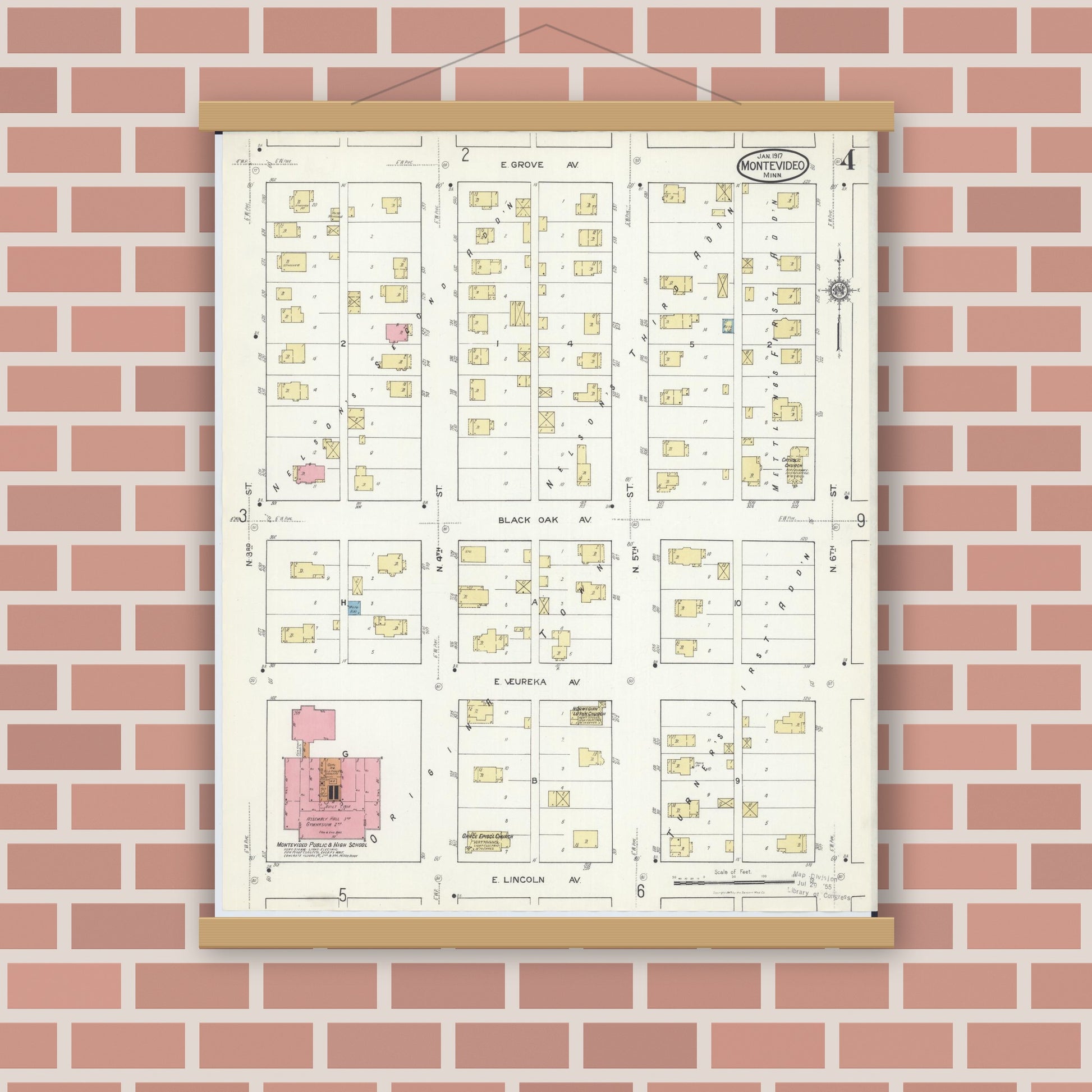 Old map wall art mockup — magnetic wood frame on brick wall — Sanborn Fire Insurance Map from Montevideo, Chippewa County, Minnesota (1917), Sheet #0004