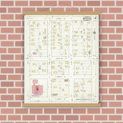 Old map wall art mockup — magnetic wood frame on brick wall — Sanborn Fire Insurance Map from Montevideo, Chippewa County, Minnesota (1917), Sheet #0004