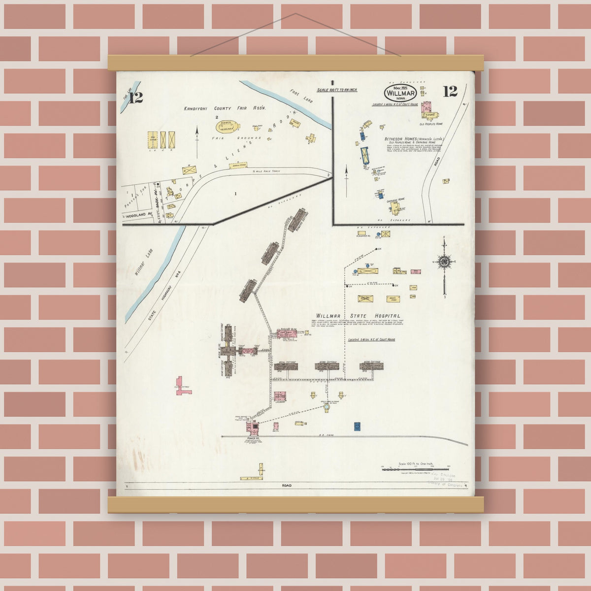 Old map wall art mockup — magnetic wood frame on brick wall — Sanborn Fire Insurance Map from Willmar, Kandiyohi County, Minnesota (1925), Sheet #0012