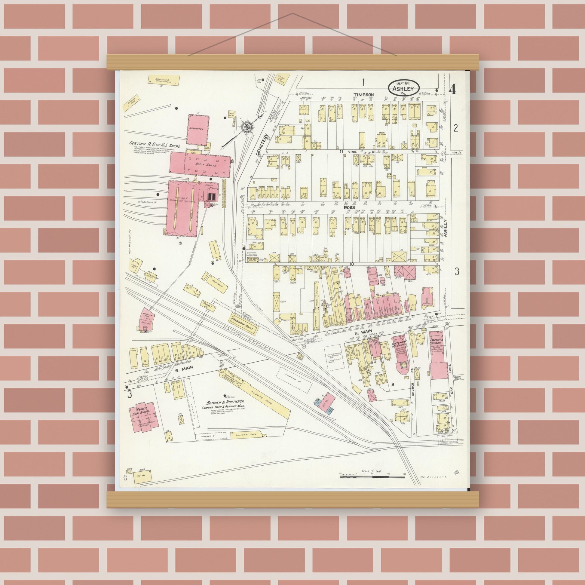Old map wall art mockup — magnetic wood frame on brick wall — Sanborn Fire Insurance Map from Ashley, Luzerne County, Pennsylvania (1911), Sheet #0004