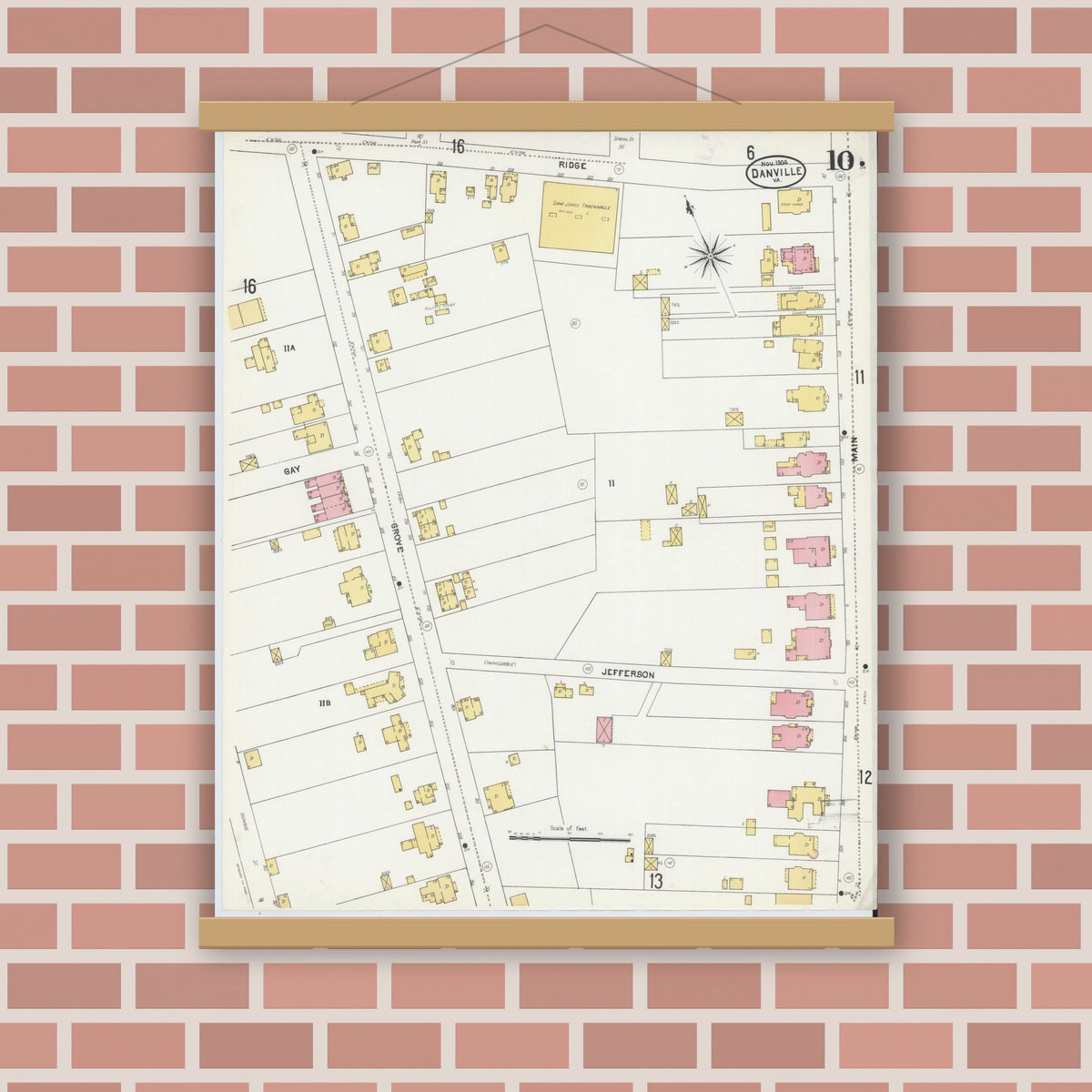 Old map wall art mockup — magnetic wood frame on brick wall — Sanborn Fire Insurance Map from Danville, Independent Cities, Virginia (1904), Sheet #0010