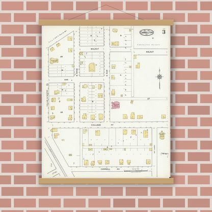 Old map wall art mockup — magnetic wood frame on brick wall — Sanborn Fire Insurance Map from Carrollton, Dallas County, Texas (1921), Sheet #0003