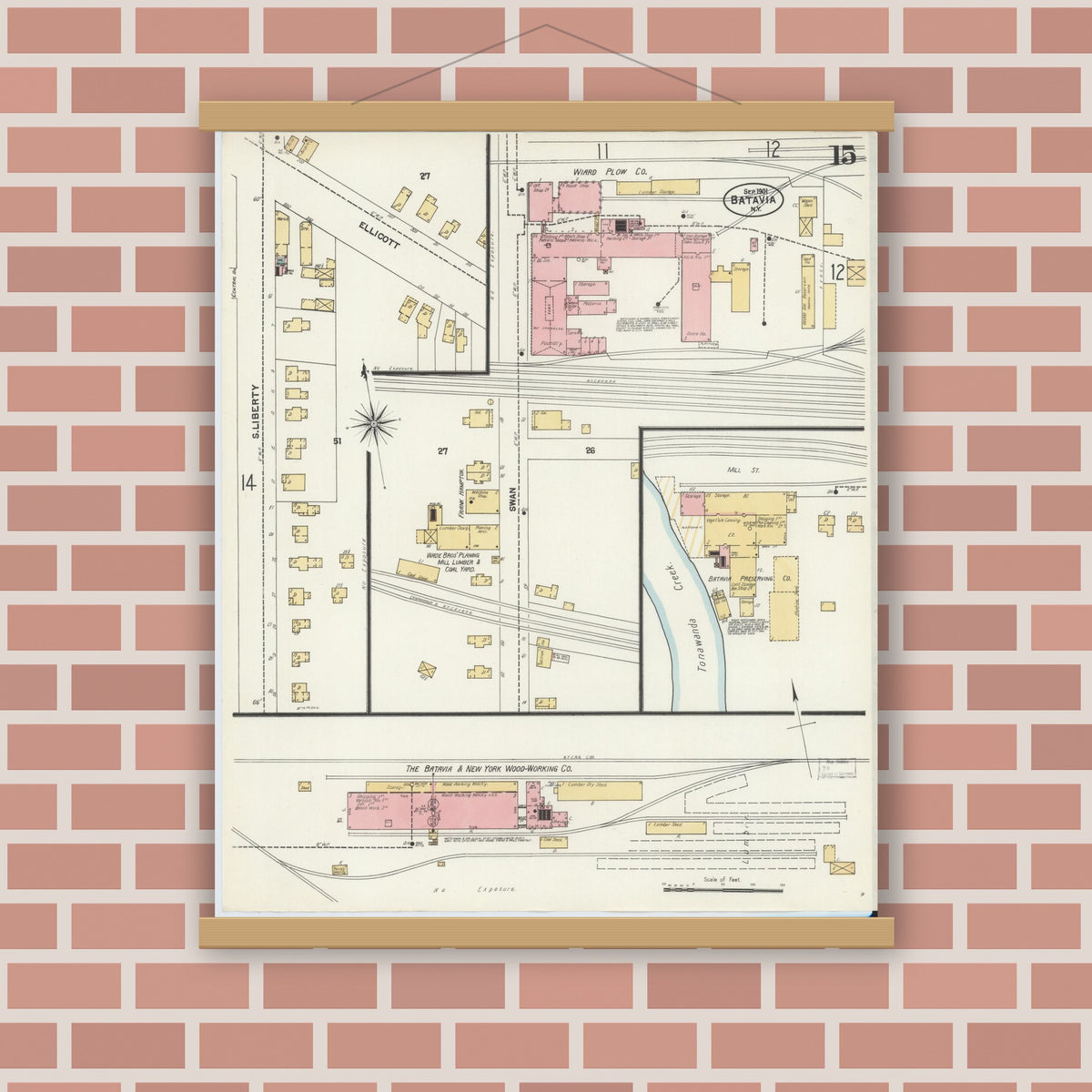 Old map wall art mockup — magnetic wood frame on brick wall — Sanborn Fire Insurance Map from Batavia, Genesee County, New York (1901), Sheet #0015