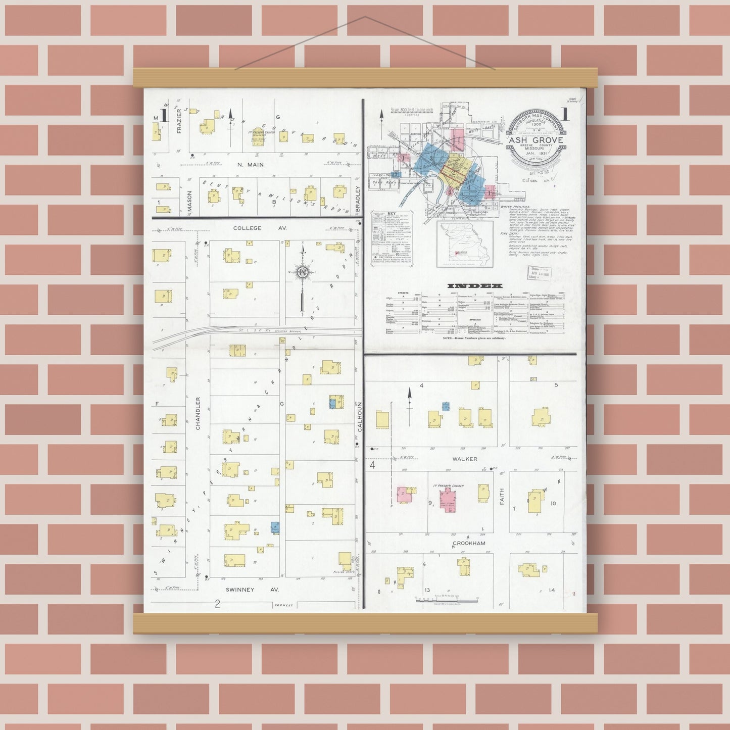 Old map wall art mockup — magnetic wood frame on brick wall — Sanborn Fire Insurance Map from Ash Grove, Greene County, Missouri (1931) - Complete Map Set