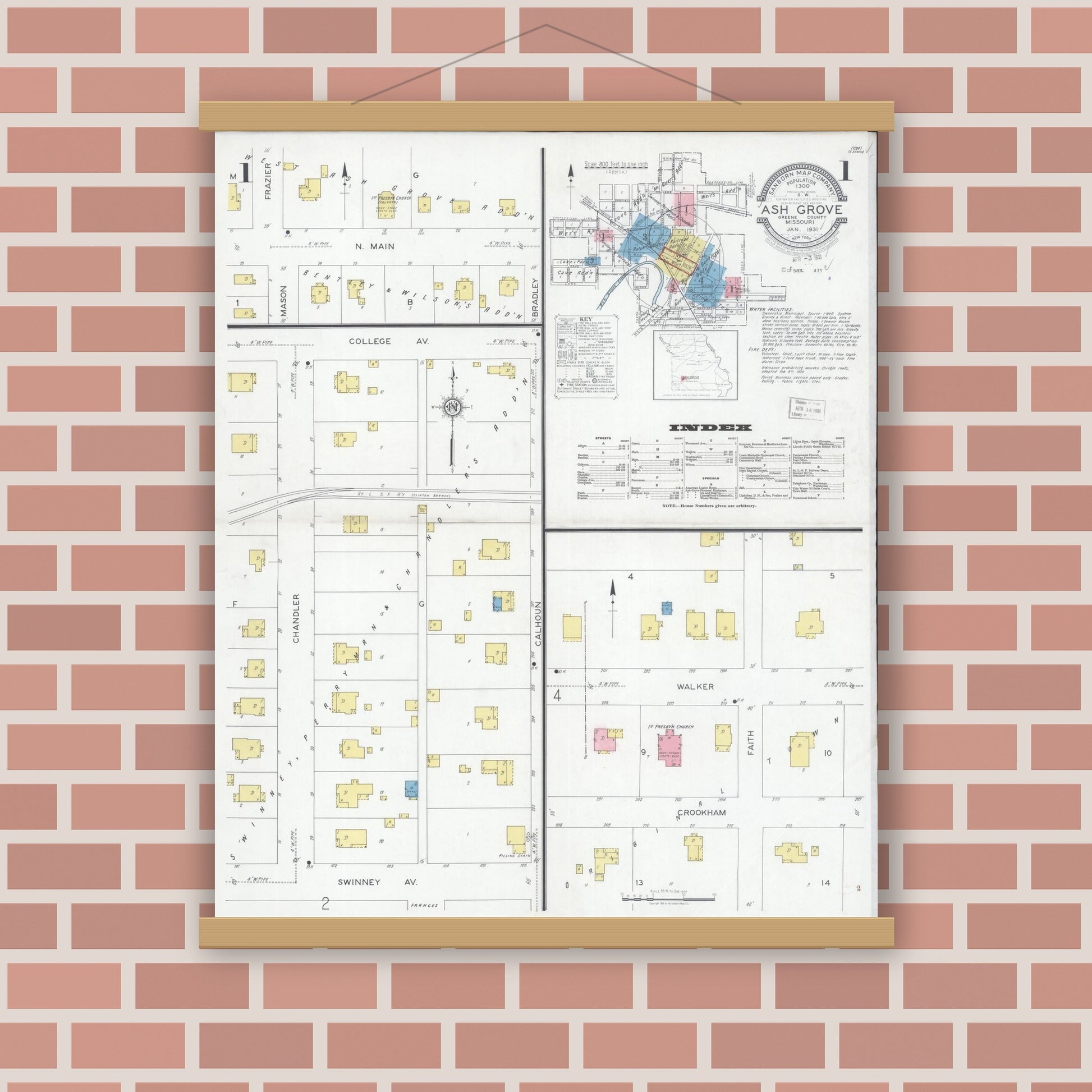 Old map wall art mockup — magnetic wood frame on brick wall — Sanborn Fire Insurance Map from Ash Grove, Greene County, Missouri (1931) - Complete Map Set