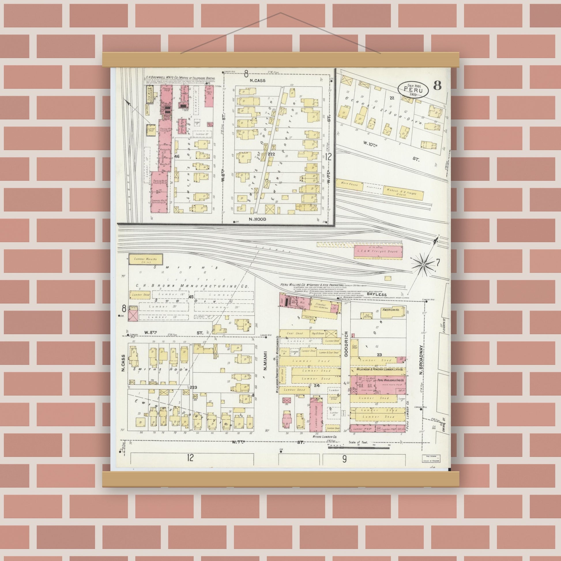 Old map wall art mockup — magnetic wood frame on brick wall — Sanborn Fire Insurance Map from Peru, Miami County, Indiana (1906), Sheet #0008