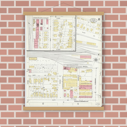 Old map wall art mockup — magnetic wood frame on brick wall — Sanborn Fire Insurance Map from Peru, Miami County, Indiana (1906), Sheet #0008