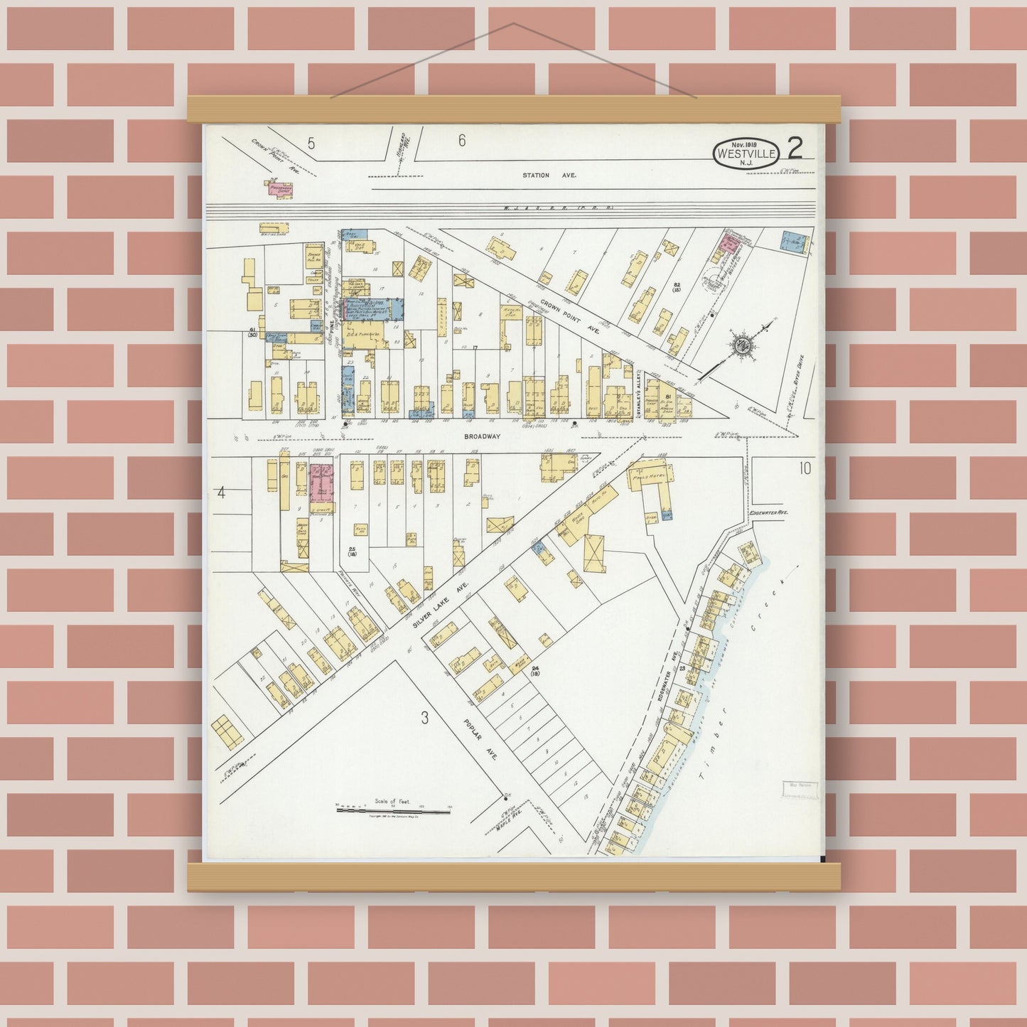 Old map wall art mockup — magnetic wood frame on brick wall — Sanborn Fire Insurance Map from Westville, Gloucester County, New Jersey (1919) - Complete Map Set