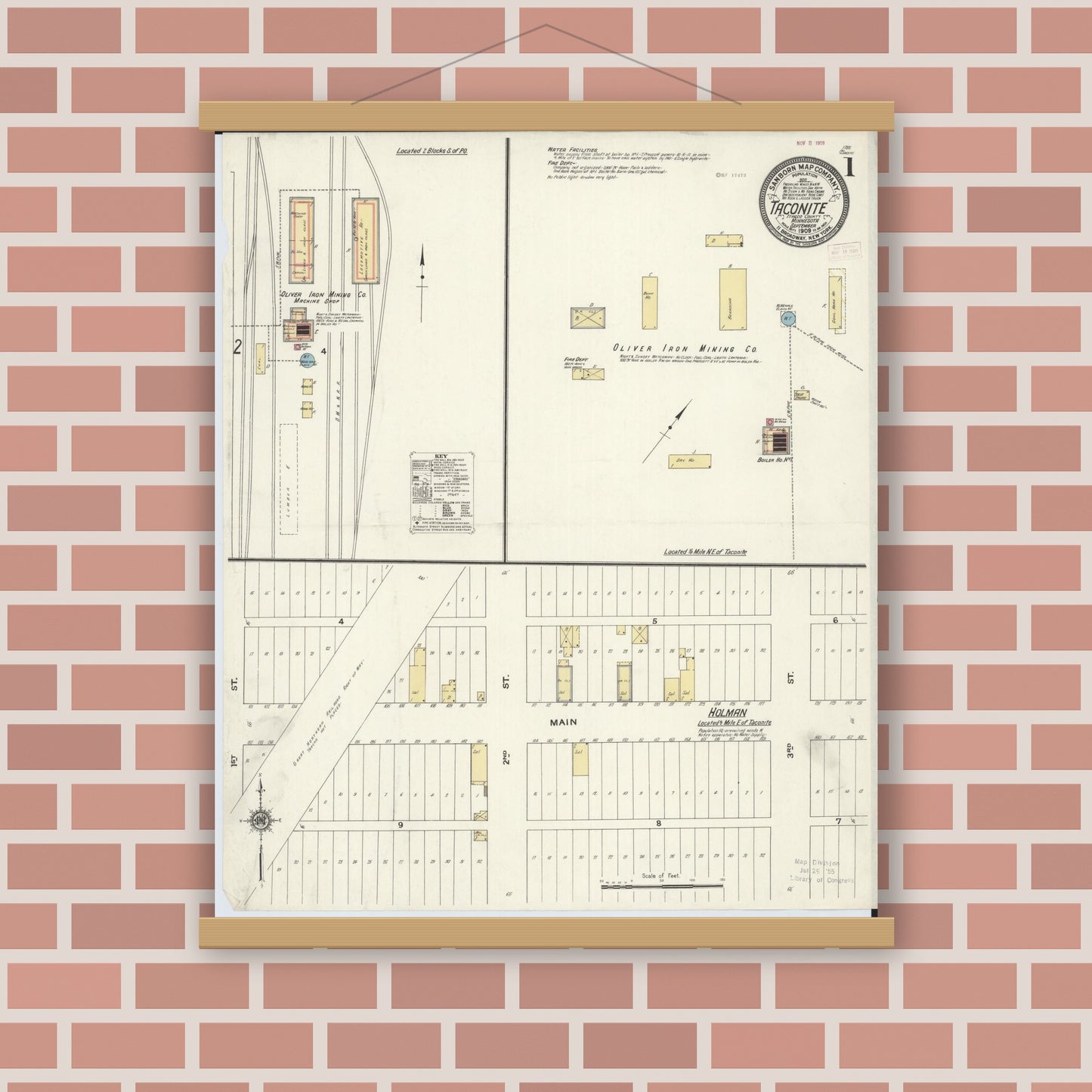 Old map wall art mockup — magnetic wood frame on brick wall — Sanborn Fire Insurance Map from Taconite, Ltasca County, Minnesota (1909) - Complete Map Set
