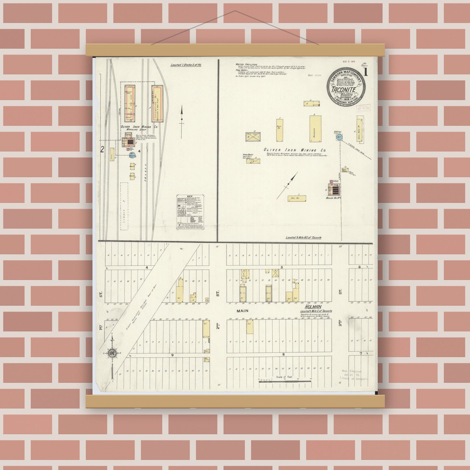 Old map wall art mockup — magnetic wood frame on brick wall — Sanborn Fire Insurance Map from Taconite, Ltasca County, Minnesota (1909) - Complete Map Set