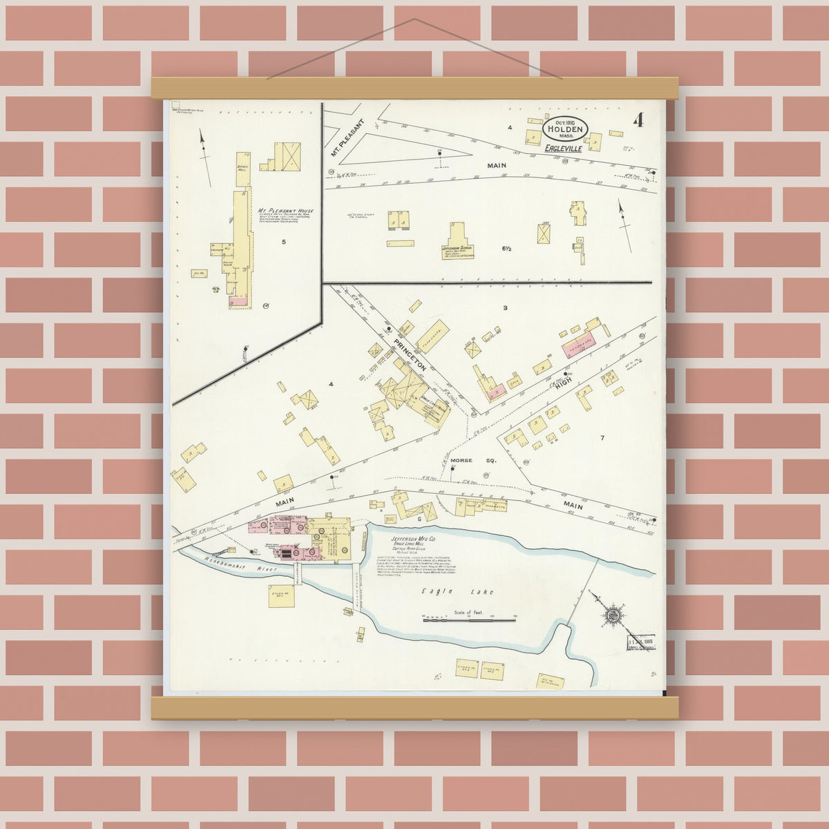 Old map wall art mockup — magnetic wood frame on brick wall — Sanborn Fire Insurance Map from Holden, Worcester County, Massachusetts (1910), Sheet #0004